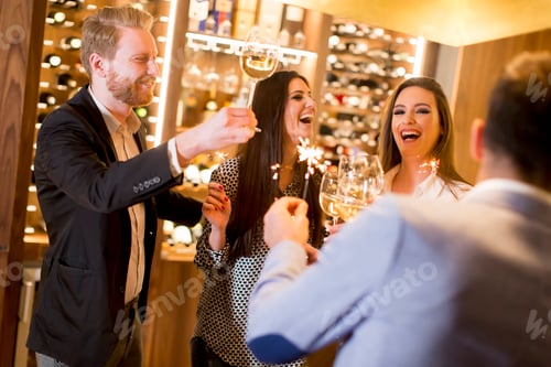 Preview: Group of friends enjoying evening drinks in bar