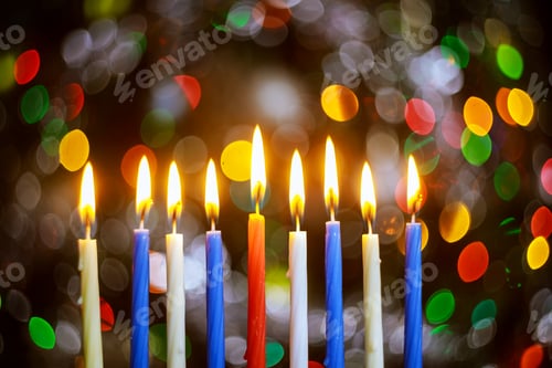Preview: Menorah with burning candles for Hanukkah on sparkle background with defocused lights.