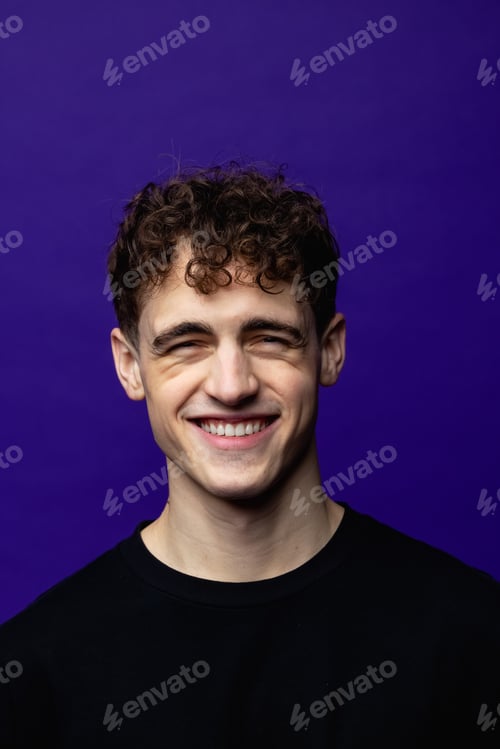 Preview: Photo of charming young happy man smile good mood wear black t-shirt