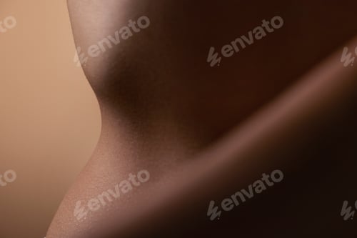 Preview: Healthy, skin and body of woman closeup for beauty, cosmetics or wellness in brown background in st