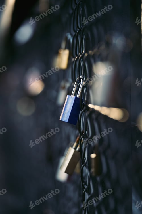 Preview: Close-up shot of a padlock on an ornamental metal fence, fastened to the links of the chain