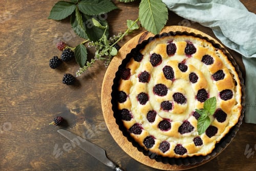 Preview: Sweet pie with blackberry and custard on wooden table.