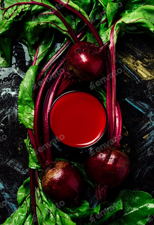 Preview: Freshly squeezed beetroot smoothie, fresh vegetables, dark background, top view