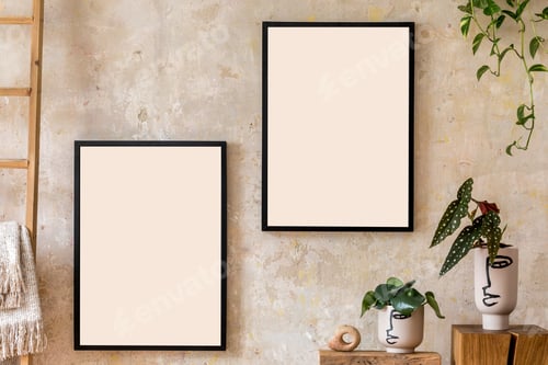 Preview: Interior design of living room with two black poster mock up frames.