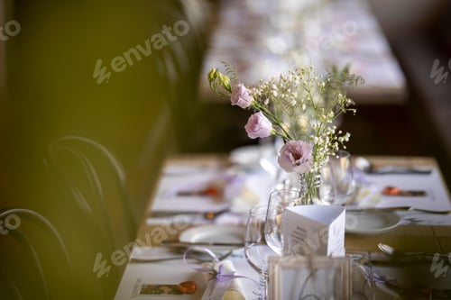 Preview: Closeup of a festive table with white dishes and glasses, blurred background