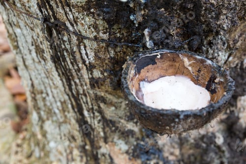 Preview: Rubber tree with milk droping in pot closeup view