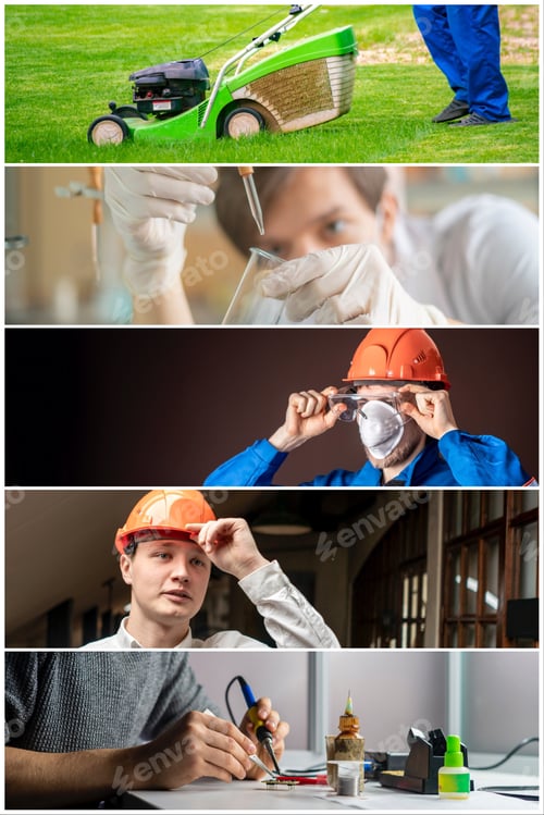 Preview: collage of five photos of people working at their daily professional job occupation