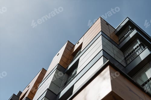 Preview: Low angle view shows modern apartment building facade with wood panels
