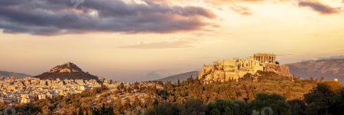 Preview: Athens, Greece. Acropolis of Athens and Mount Lycabettus panorama from Areopagus hill at sunset