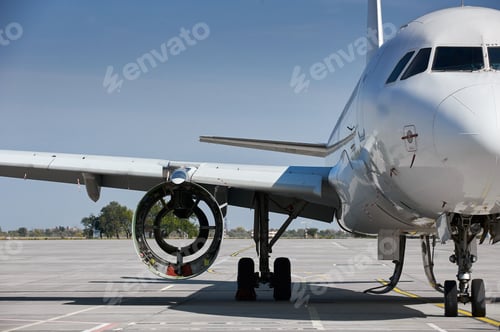 Preview: passenger plane with removed engine under repair