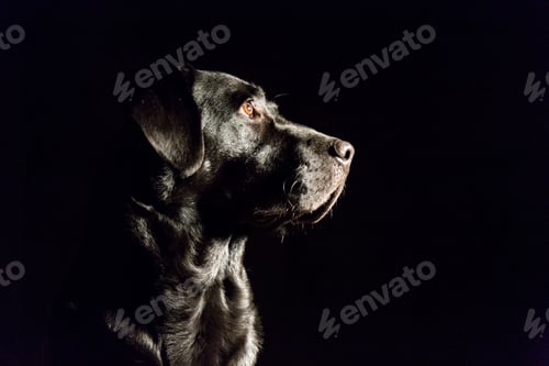 Preview: dog portrait on black background. Beautiful black labrador with a tie