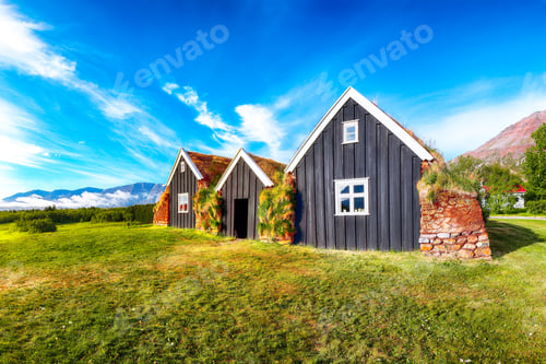 Preview: Traditional Icelandic turf houses in the town of Holar