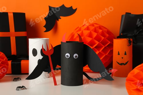 Preview: Gift boxes and paper halloween characters on orange background