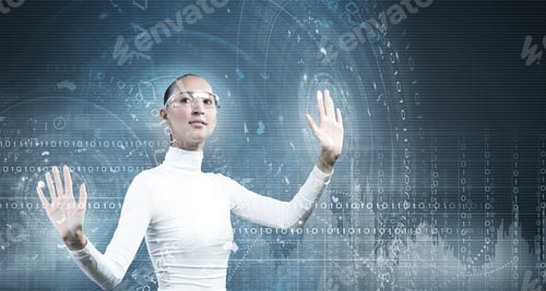 Preview: Young Pretty Asian Woman Touching Digital Hologram
