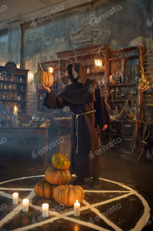 Preview: Exorcist in hood holds pumpkin near magic circle