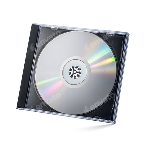 Preview: Closed black plastic disc box case CD jewel with silver disk isolated on white.