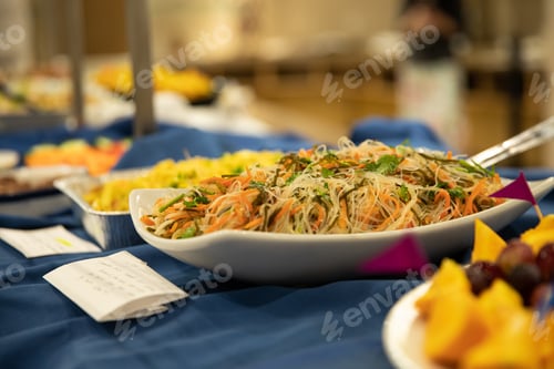 Preview: Selective focus of Korean funchose noddles on a white platter