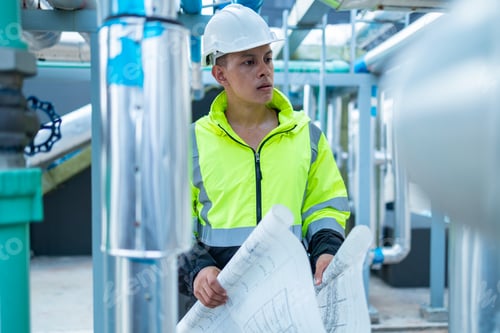 Preview: Engineer reads asbuil drawings to inspect chiller water pipes