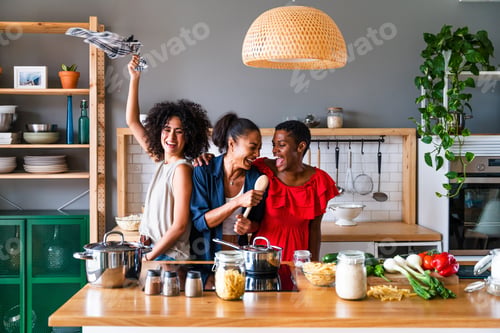 Preview: Three mixed race hispanic and black women bonding at home