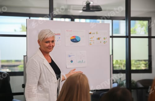 Preview: Professional executive manager briefing her collegues, explaning company strategy