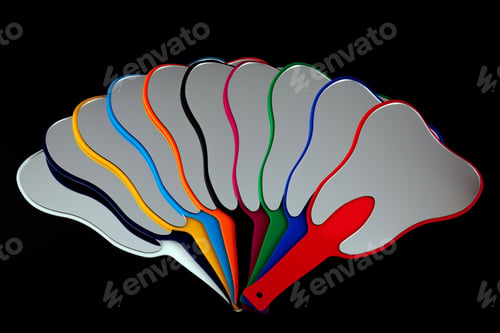 Preview: Bunch of colorful tooth-shaped mirrors isolated on a black background