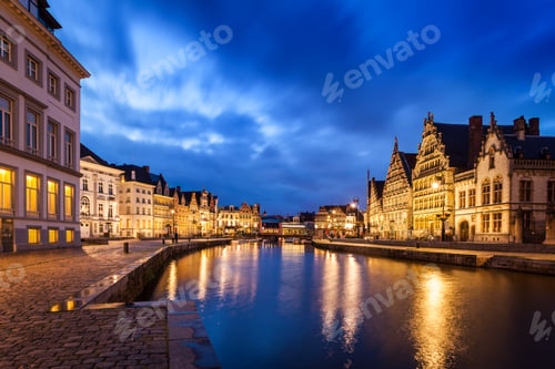 Preview: Ghent canal, Graslei and Korenlei streets in the evening. Ghent
