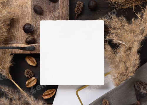 Preview: Square card on wooden tray near brown decor and pampas grass top view, boho mockup