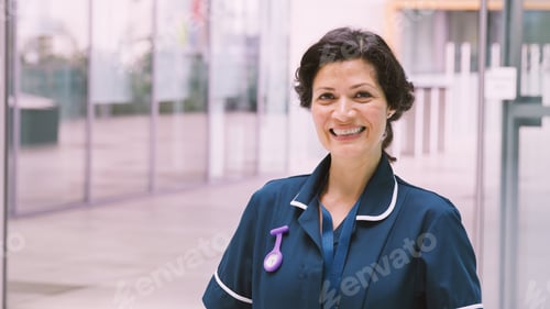 Preview: Portrait Of Smiling Mature Female Nurse Wearing Uniform Standing In Modern Hospital Building