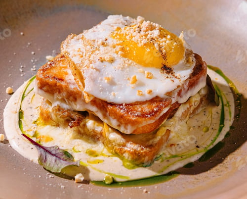 Preview: Delicious croque madame with fried egg served on plate