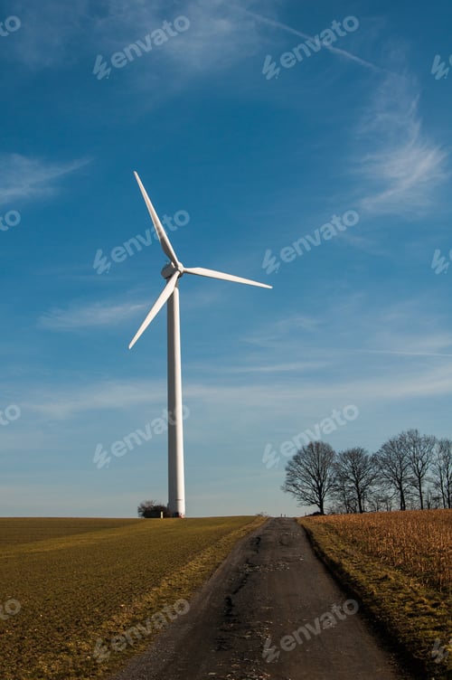 Preview: Single wind generator isolated in an agricultural field with dry trees under a blue sky