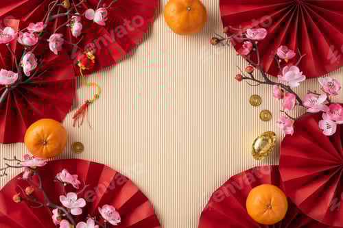 Preview: Traditional top view Chinese New Year layout featuring red paper fans, oranges
