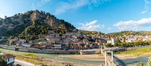 Preview: Panoramic of the historic city of Berat in Albania its castle above, the city of a thousand windows