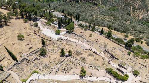 Preview: Aerial bird's eye view photo taken by drone of archaeological site of ancient Delphi.