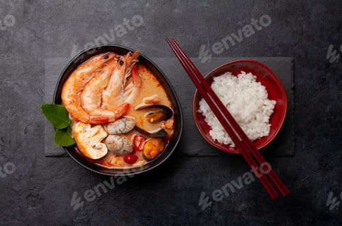 Preview: Traditional Thai soup Tom Yum and rice bowl