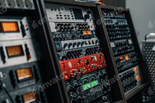 Preview: old displays of professional analog vu meters in a recording studio measuring and showing decibels