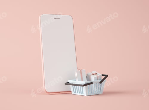 Preview: 3D Illustration. Smartphone and shopping basket.