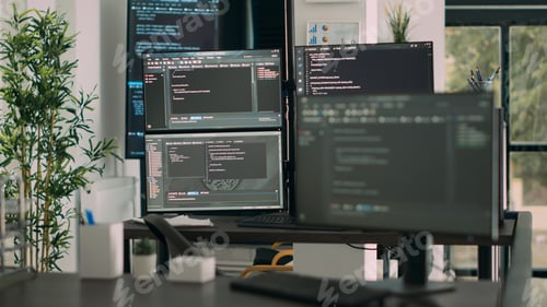 Preview: Desk with multiple screens showing digital programming network