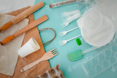 Preview: Sustainable and Disposable Products Against a Light Blue Background