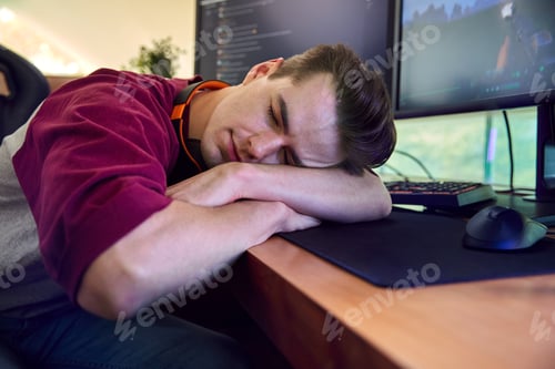Preview: Sleeping Man Gaming At Home Sitting At Desk With Multiple Monitors