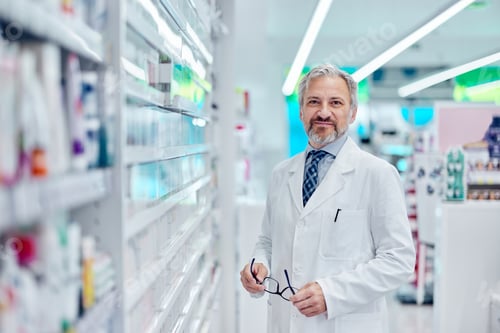 Preview: Portrait of a senior male, working as a pharmacist at the pharmacy.