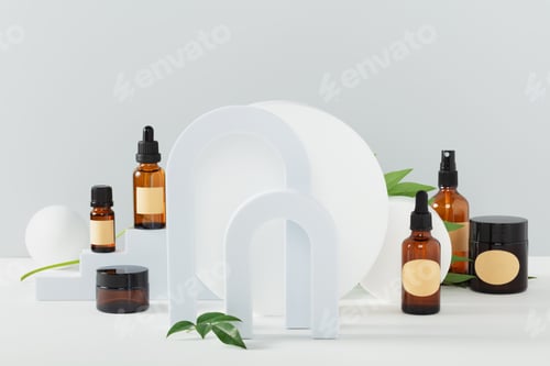 Preview: Various blank cosmetic container mock-ups on podiums and geometrical forms
