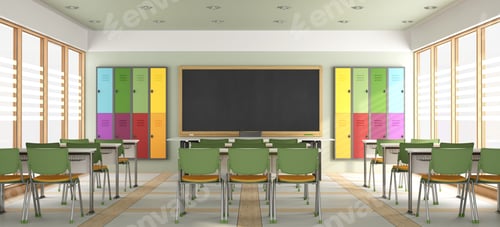 Preview: Empty Classroom with Colorful Lockers and Blackboard