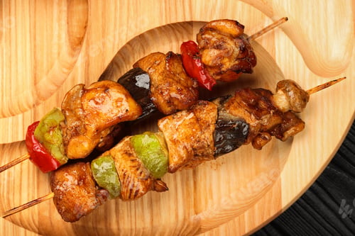 Preview: Barbecue skewed chicken meat with vegies