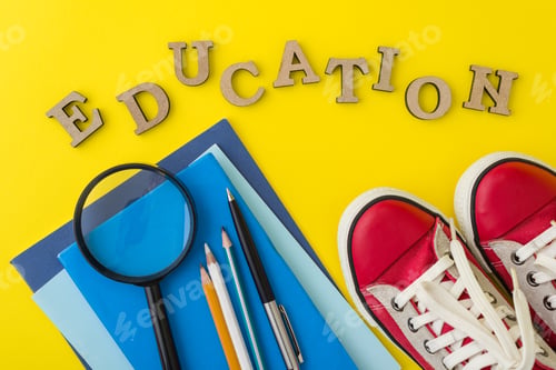 Preview: The concept of education. Red sneakers, school supplies, books, notebooks with yellow background