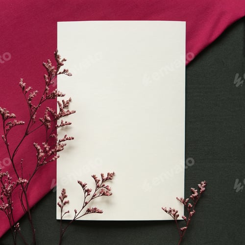 Preview: Blank greeting card, invitation and envelope mockup. Minimal floral frame made of dry flowers