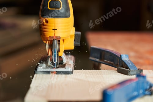 Preview: Electric Jigsaw Cutting Wood in Workshop