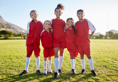 Preview: Sports, football and team portrait of children or group of people, athlete or players happy before