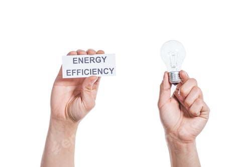 Preview: cropped view of male hands holding led lamp and paper card isolated on white, energy efficiency