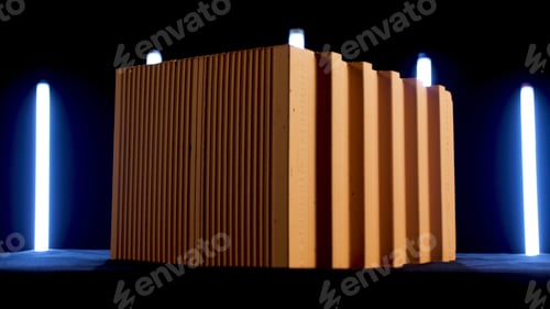 Preview: Demonstration of red ceramic block on black background with sveral blue neon lamps. Stock footage