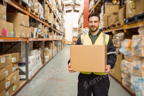 Preview: Male warehouse worker wearing safety vest holding cardboard box in aisle with metal shelving